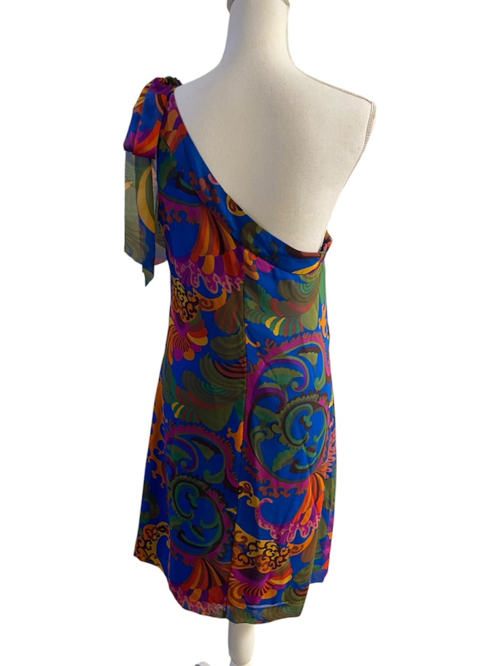 Trina Turk&Banaba Rep One-Shoulder Paisley Print Dress in Blue and Green Silk 12 - Picture 3 of 11
